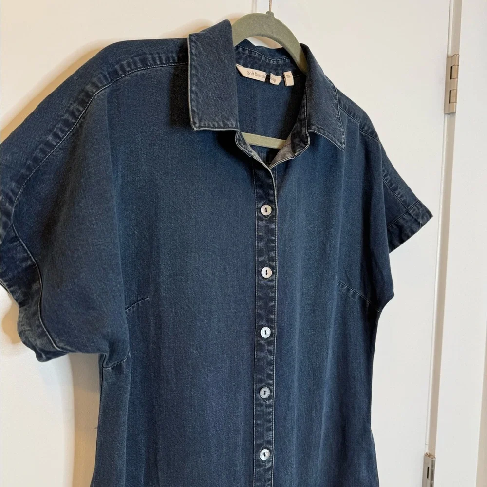Soft Surroundings Denim Short Sleeve Button Shirt Dress Womens S Blue Midi Slit - Picture 11 of 14